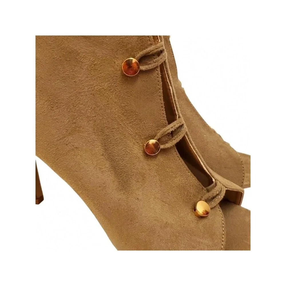 Peep Toe Booties Stilettos Heels Ankle Boots Button Detail